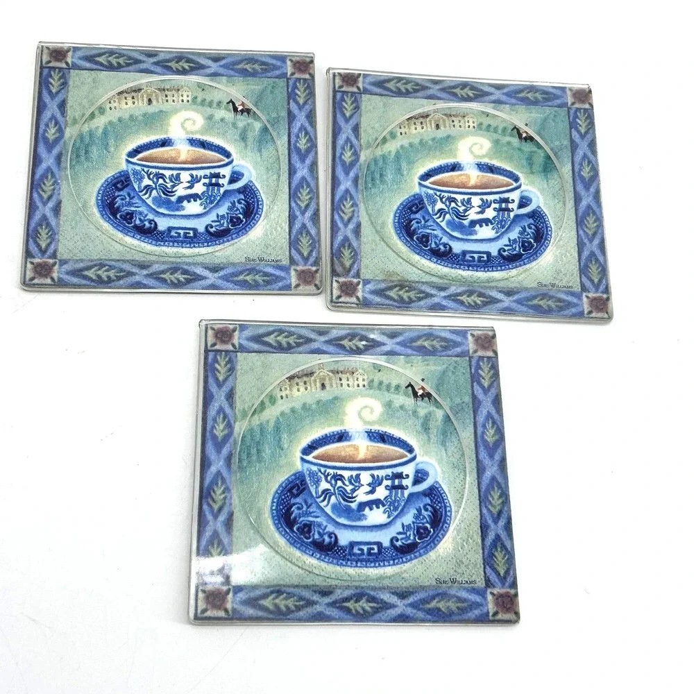 Sue Williams Blue Willow Coffee Tea Cup Acrylic Coaster Set of 4 with Holder